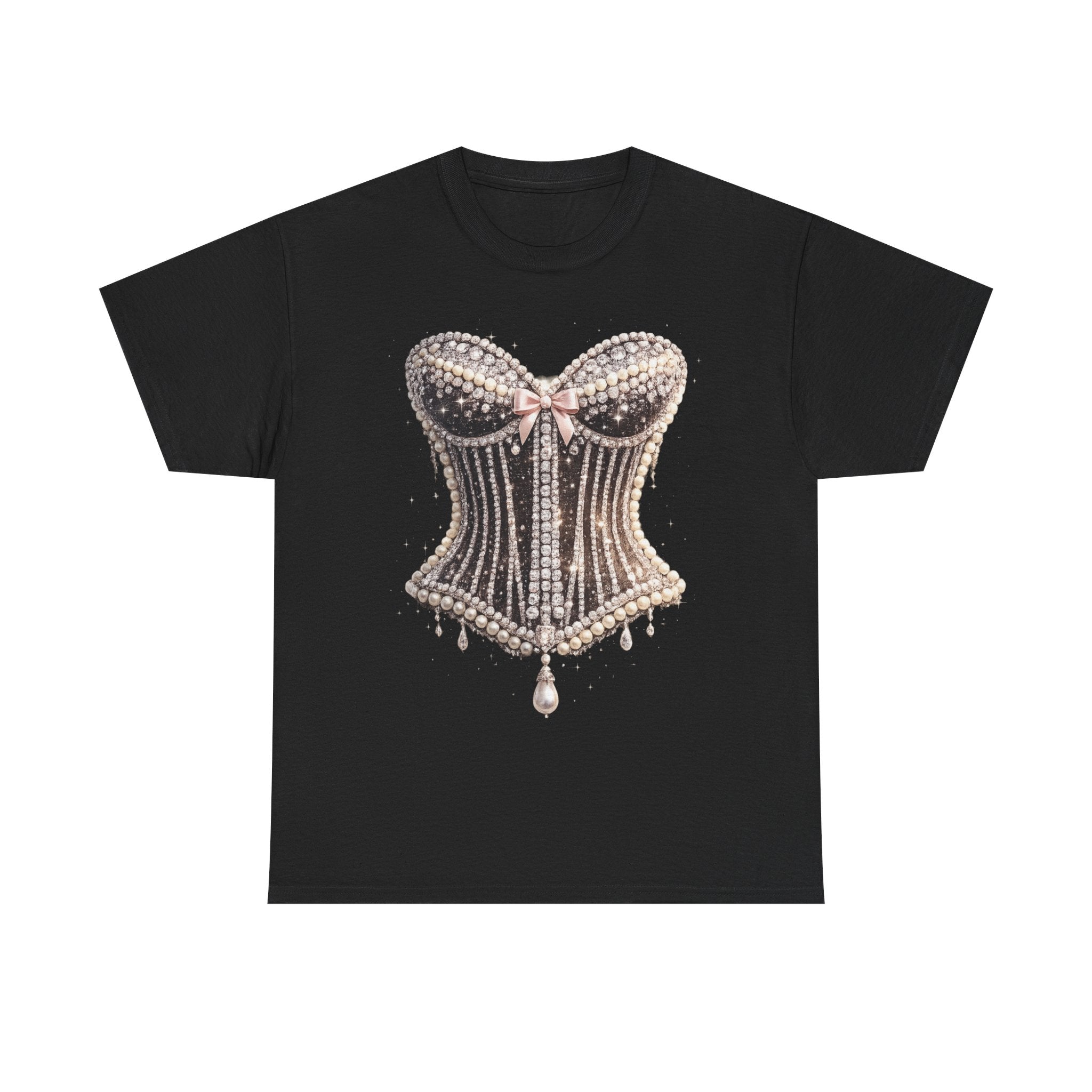 Corset Pearl Design Graphic Tee — Vintage Beaded Bustier Shirt