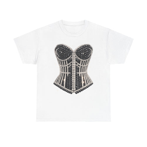 Corset Stud Graphic Tee — Vintage Rhinestone Design Bustier T‑Shirt