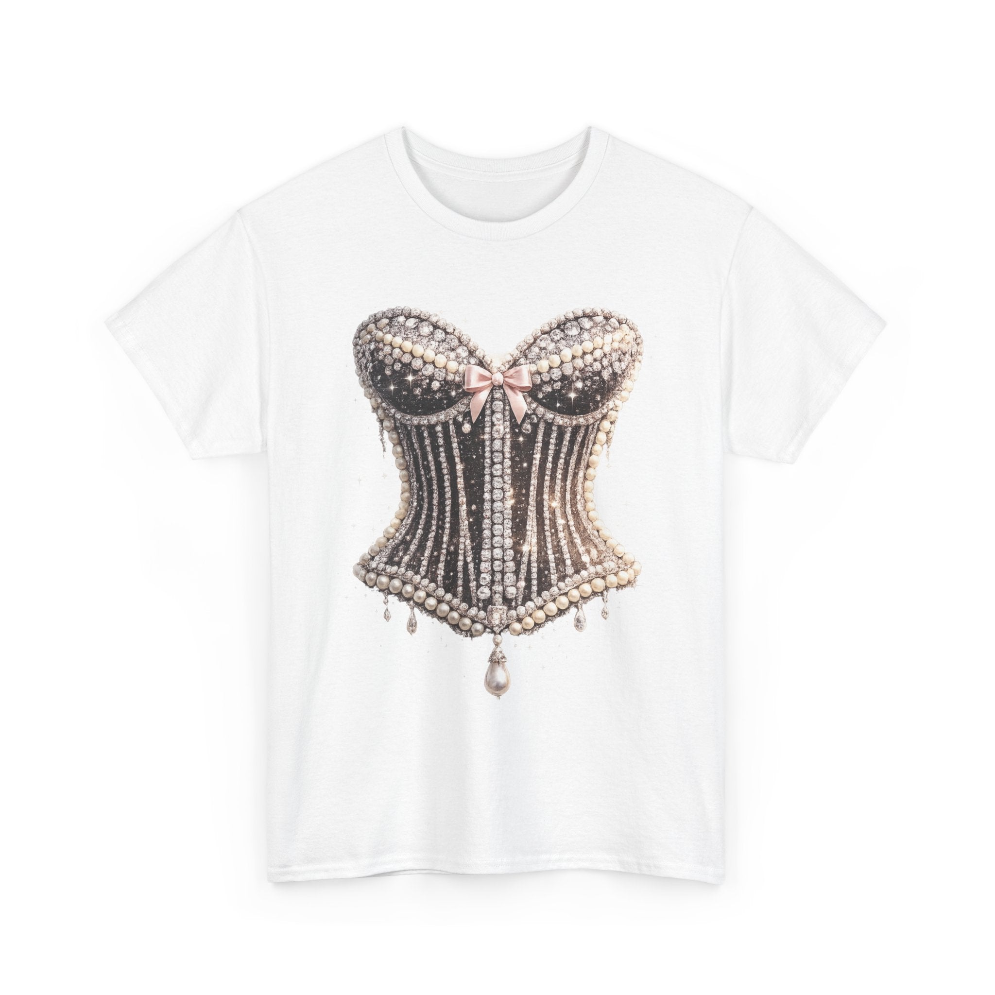 Corset Pearl Design Graphic Tee — Vintage Beaded Bustier Shirt