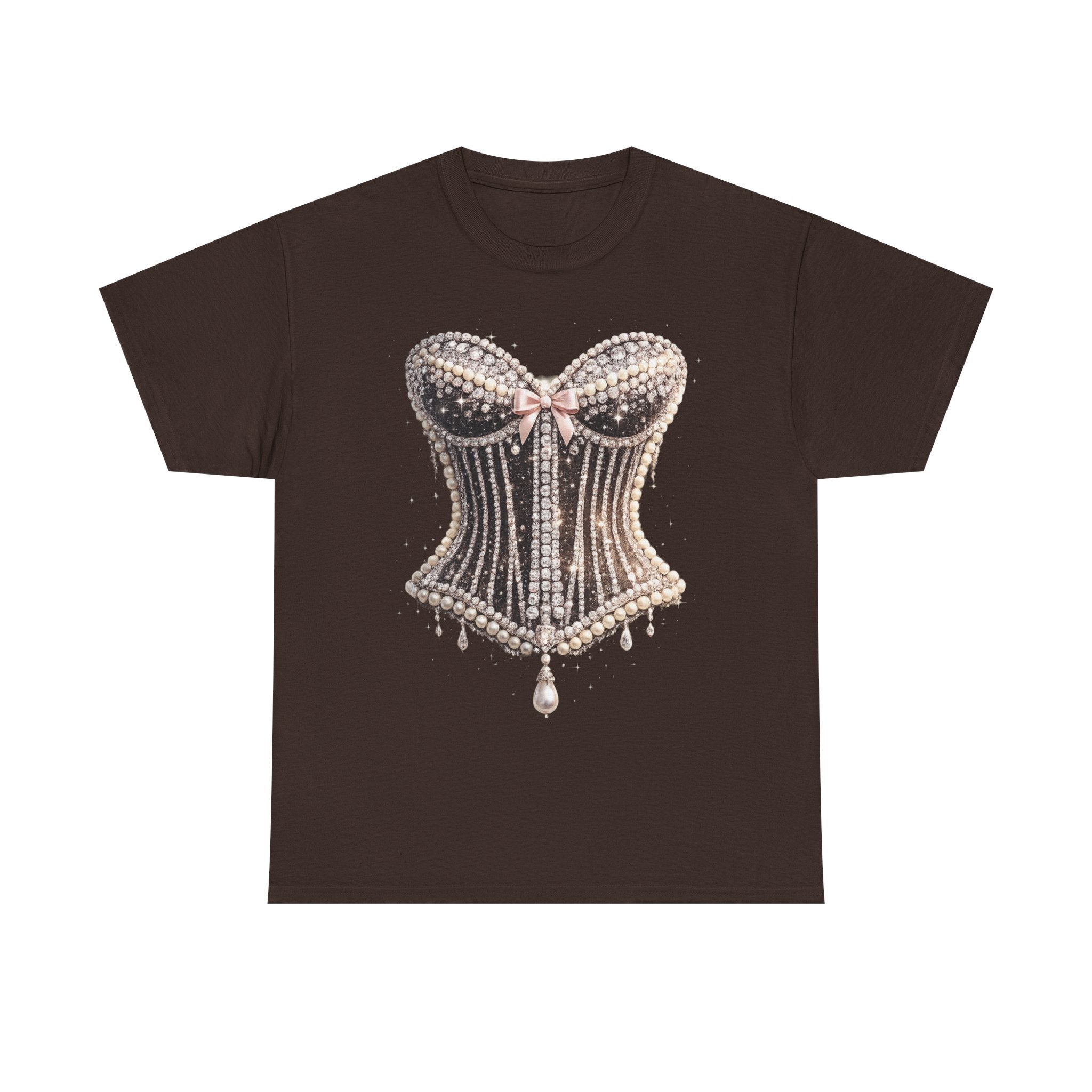 Corset Pearl Design Graphic Tee — Vintage Beaded Bustier Shirt