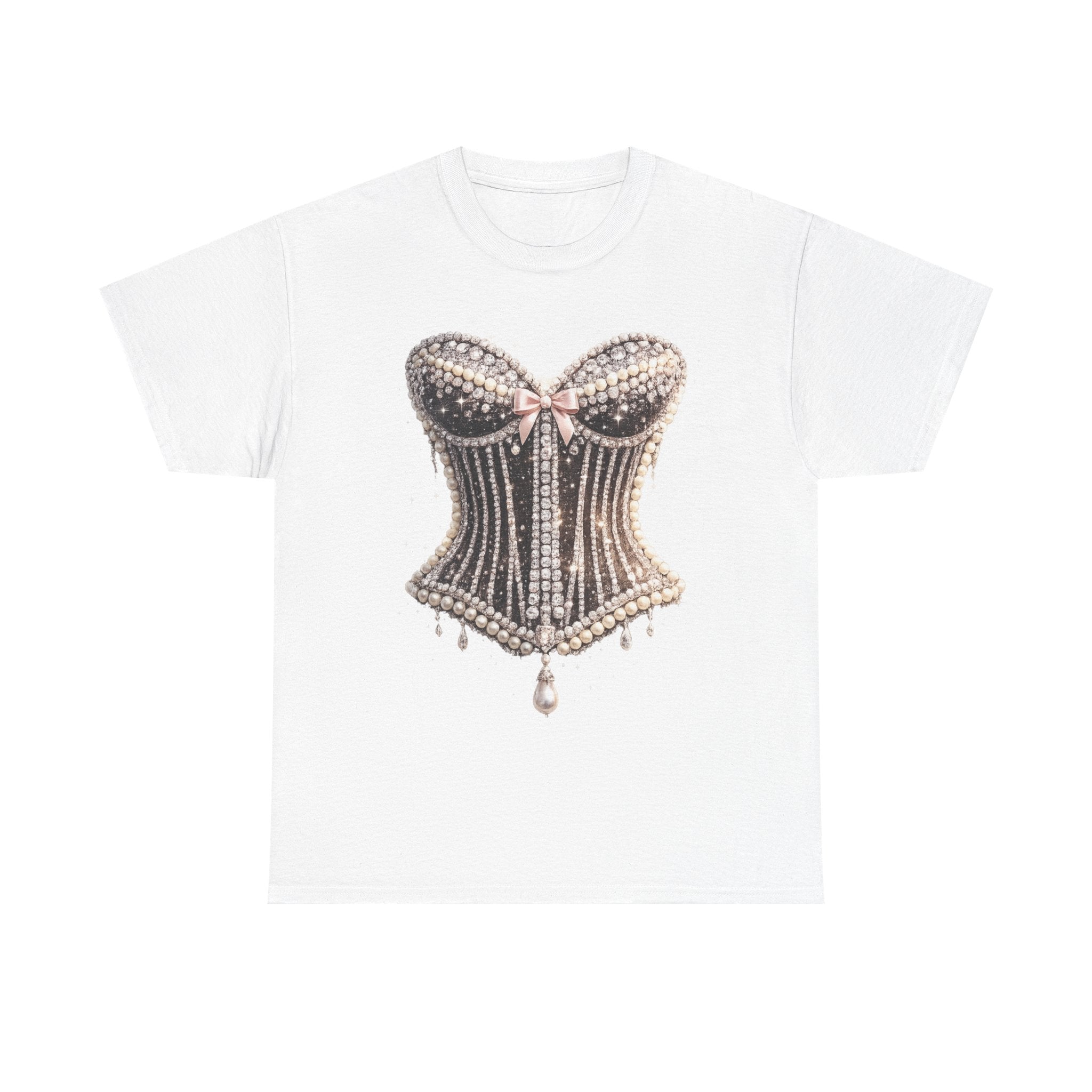 Corset Pearl Design Graphic Tee — Vintage Beaded Bustier Shirt