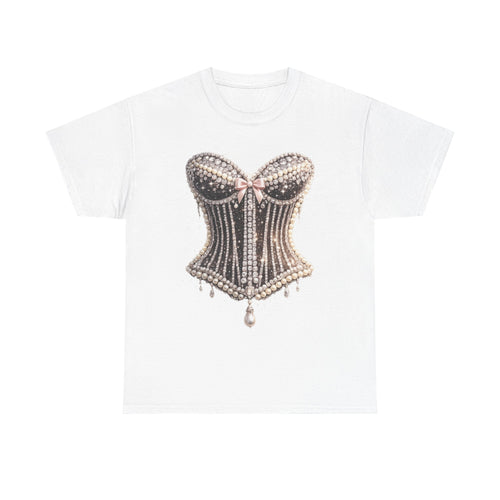 Corset Pearl Design Graphic Tee — Vintage Beaded Bustier Shirt