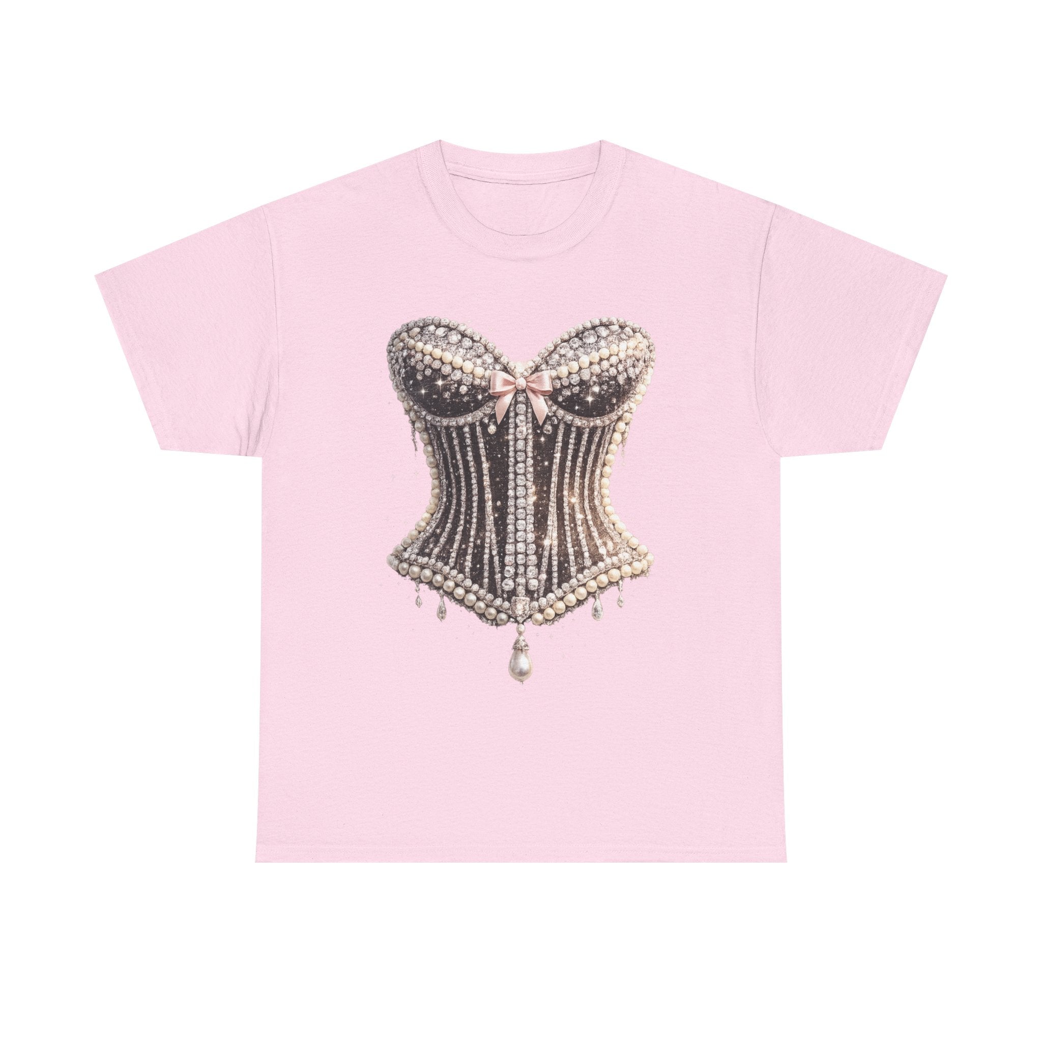 Corset Pearl Design Graphic Tee — Vintage Beaded Bustier Shirt