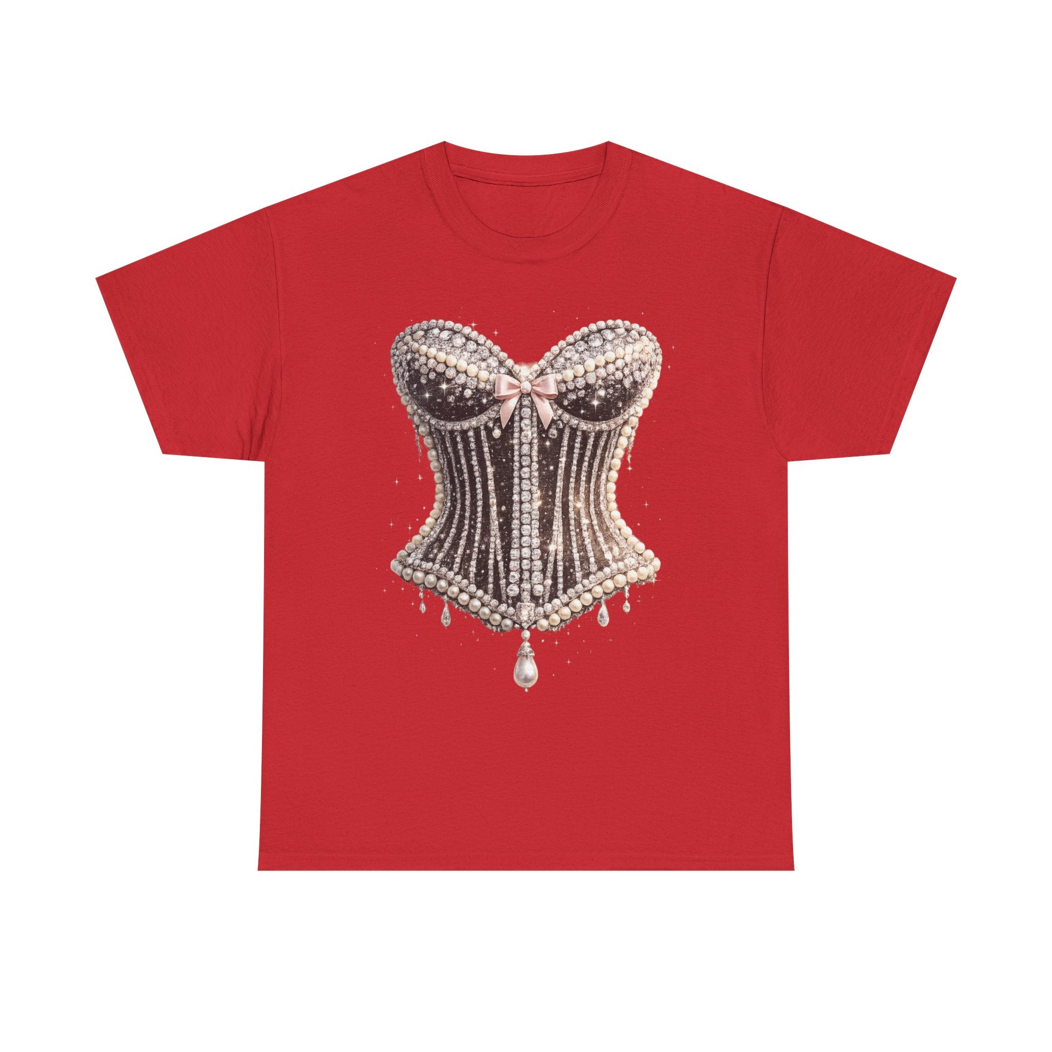 Corset Pearl Design Graphic Tee — Vintage Beaded Bustier Shirt